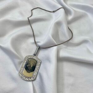 Early 2000's Chunky Goth Dog Tag Rhinestone Crown Skull Wing Necklace